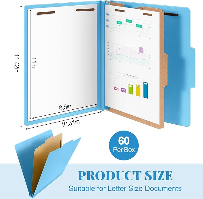 Skyygemm 60 Pcs Classification Folders Letter Size, 1 Divider Pressboard File Folder with Fasteners, Expanding Tax File Organizer Bulk for Teachers, Office, Church, Christmas Donations (Blue)