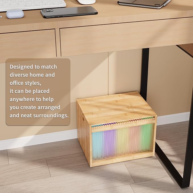 Natural Bamboo & Acrylic File Box with Removable Lid, Modern File Organizer Box for Letter/Legal Files, Hanging File Box with Easy Assembly & Dustproof Storage for Home Office