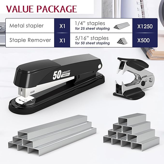 Metal Stapler Heavy Duty 50 Sheet Capacity with 1750 Staples and Staple Remover, Full Strip Staplers for Desk, No Jam, Non-Slip for Office & Classroom, Black