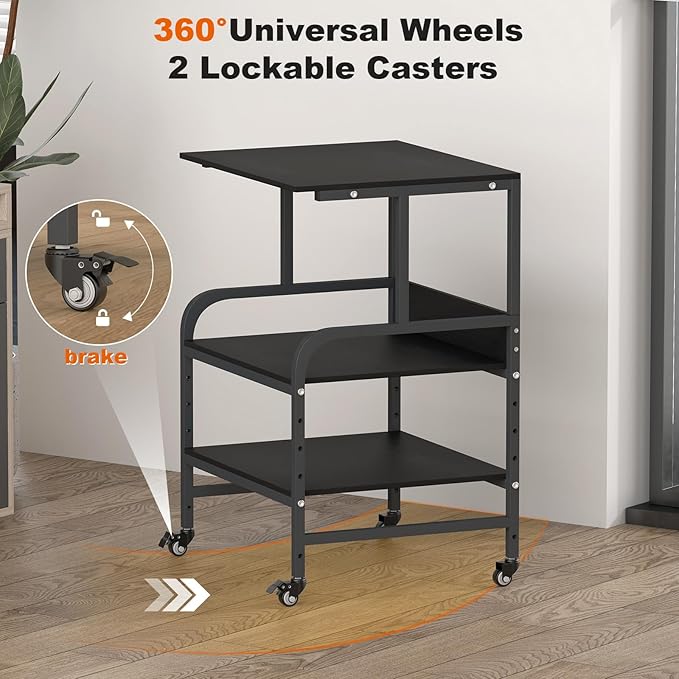 Black Printer Stand, Large Printer Table with Wheels, 32.48 X 22.05 X 18.9 Home Office Rolling Stand with Adjustable Shelf, Heavy Duty Printer Cart for Scanner, Fax, Black Ebony