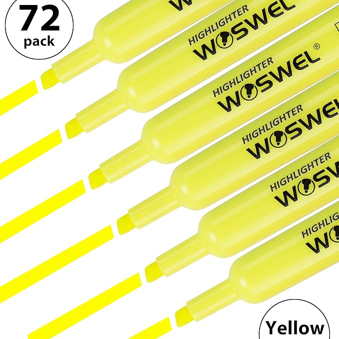 WOSWEL Highlighters Bulk, 72 Pack Tank Style Highlighters Set, Fluorescent Yellow, Chisel Tip Highlighter Markers Bulk for Kid and Adult Coloring, Highlighting as School Supplies