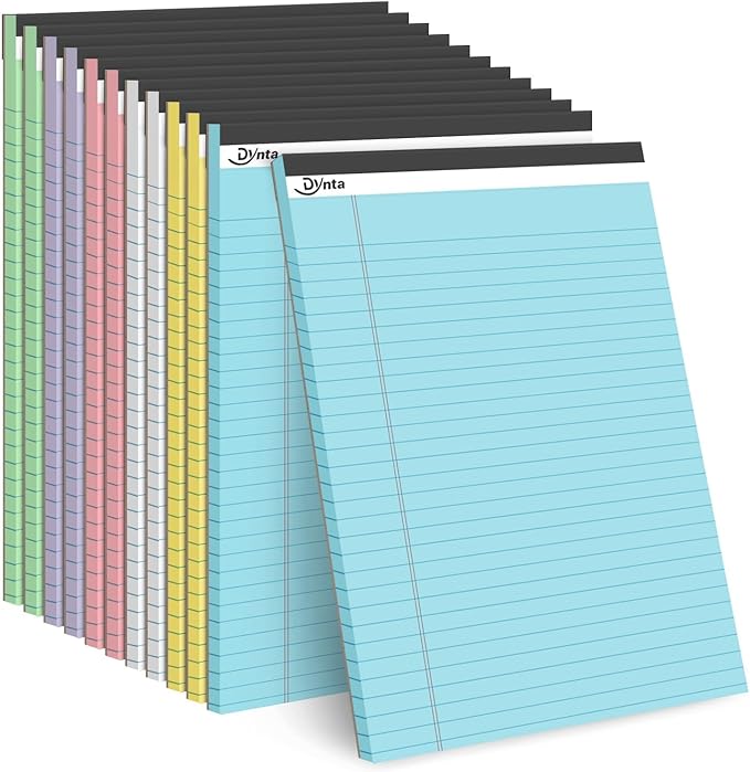 Dynta 12 Pack Legal Pads, 540 Sheets Wide Ruled Lined Writing Note Pads, 8.5 x 11.75 Inch, 45 Sheets Per Notepad, Colored Paper