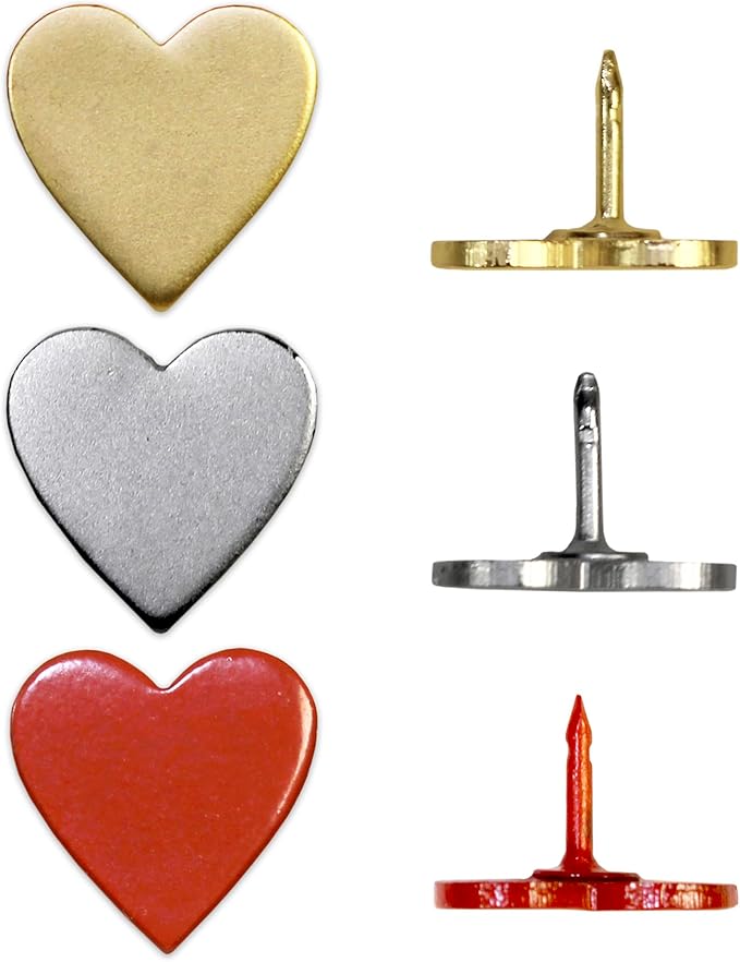Big Silver Heart Push Pins - Large Silver Metal Heart Map Pins - for Cork Board, Maps, or Lapel Pin Use - Designed in USA - Set of 4