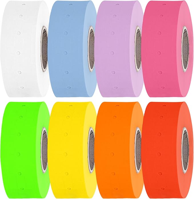Perco 1 Line Multicolored Sleeves—80 Rolls, 10 Sleeves, 80,000 Labels for Perco Lite, X, Plus & Pro Guns—Includes White, Yellow, Blue, Lavender & Fluorescent Colors (Red Green Pink Orange)—Made in USA