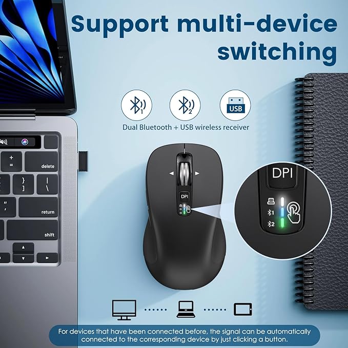 Wireless Bluetooth Mouse (USB + BT1 + BT2), Full Size, 4-Way Scrolling, Multi-Device Silent Mouse for Computer, Laptop, iPad, MacBook (Black)