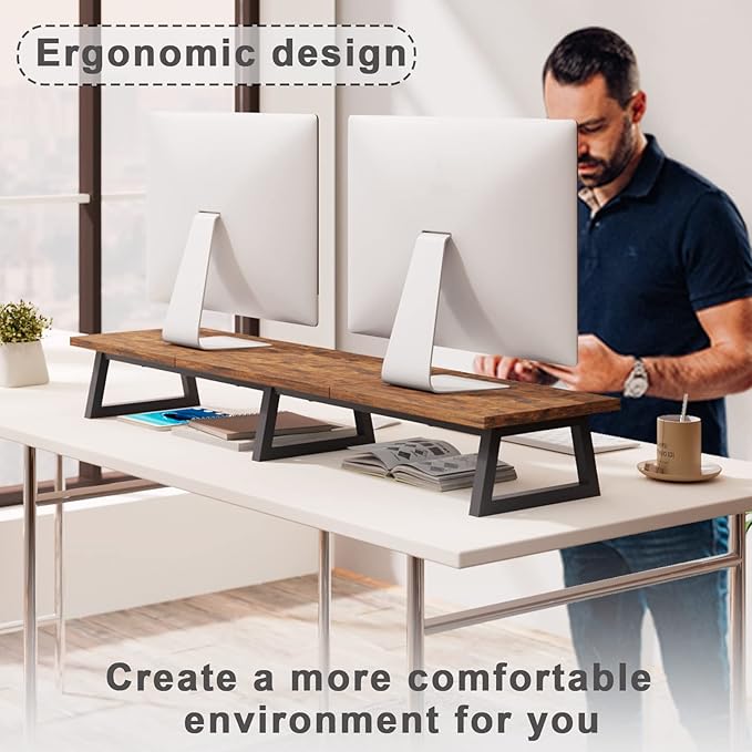 TEAMIX 42 inch Large [Dual] [Monitor] [Riser],Rustic Brown Extra Long TV [Stand Wood & Steel Desktop [Riser] with Storage for [Dual] Screen Office Desk Organization