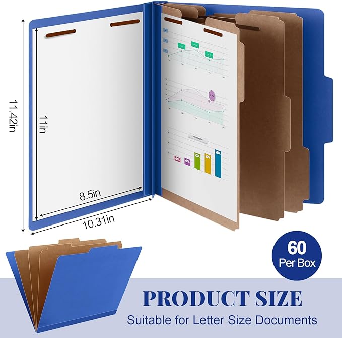 Skyygemm 60 Pcs Classification Folders Letter Size, 3 Divider Pressboard File Folder with Fasteners, Expanding File Organizer Bulk for Teachers, Clergy, Office, Church, Christmas Donations (Dark Blue)