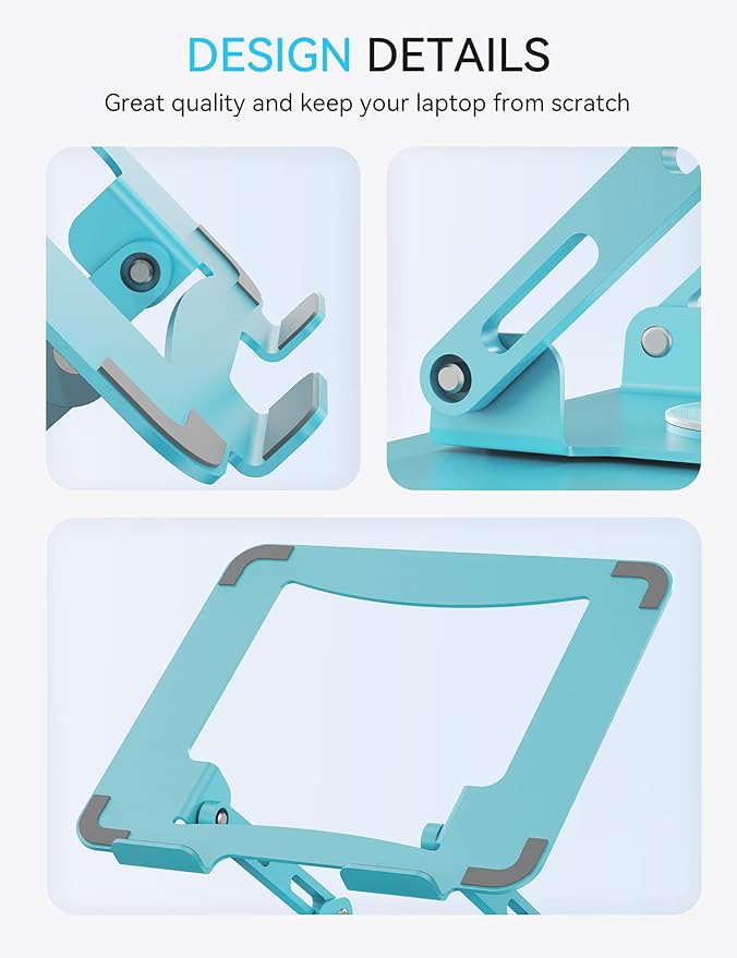 SOUNDANCE Laptop Stand with 360° Rotating Base, Ergonomic Computer Riser for Desk, Adjutable Height Muti-Angle, Foldable Laptop Mount, Stable Metal Holder Support 10-15.6" Notebook PC, Blue