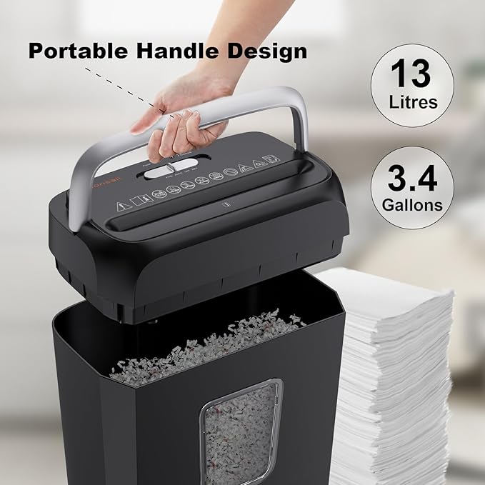 Bonsaii Shredders for Home Use, 3.4 Gal Wastebasket, 6-Sheet Cross-Cut Credit Card Shredder for Home Office, Small Shredding Machine for Staples, Clips, Documents, Portable Handle(C237-B New Version)