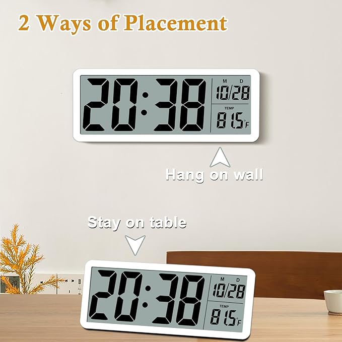 8.5" Modern Digital Wall Clock, Battery Operated, White, Simple LCD Display with Temperature/Date/Time - 12/24H, Small Digital Clock for Bedroom, Living Room Decor