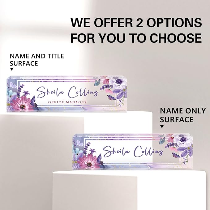 Custom Name Plate for Desk, Employee Appreciation Gifts, Acrylic Desk Name Plate Personalized, Office Desktop Accessories, Office Decor Gifts for Coworkers Boss Teacher (Purple Flower)
