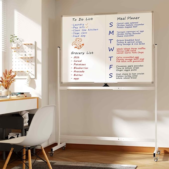 Large Rolling Whiteboard on Wheels, 48" x 36" Double-Sided Mobile White Board with Stand, 4' x 3' Portable Standing Magnetic Dry Erase Board Easel for Home Office Classroom School, Silver