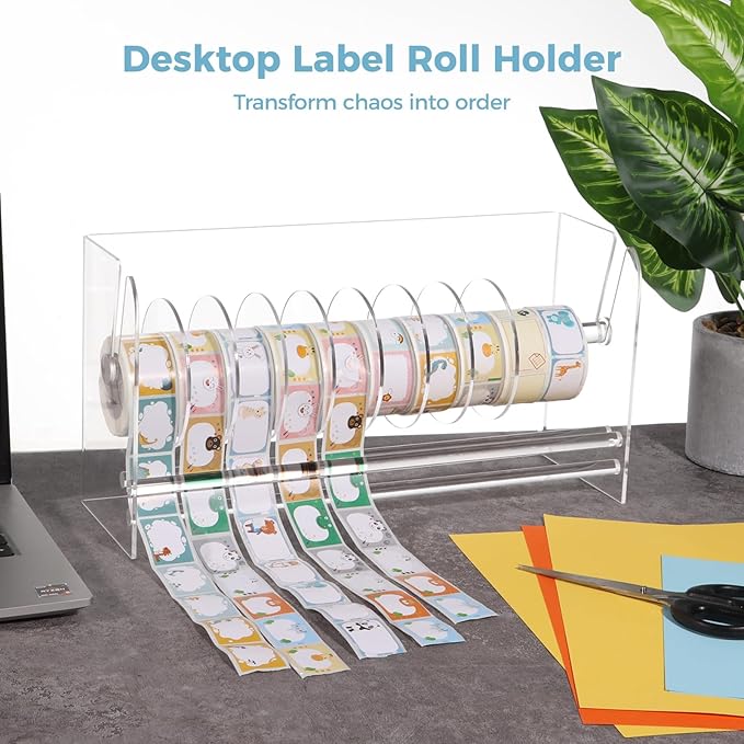 2 Pcs Label Roll Holders, Transparent Acrylic Tape Dispensers, Adjustable Desktop Sticker Roll Holders for Office and Home, Clear Sticker Roll Holders with Removable Divider Disks