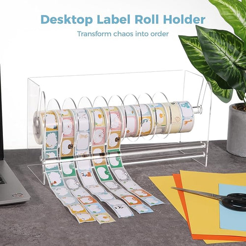 2 Pcs Label Roll Holders, Transparent Acrylic Tape Dispensers, Adjustable Desktop Sticker Roll Holders for Office and Home, Clear Sticker Roll Holders with Removable Divider Disks