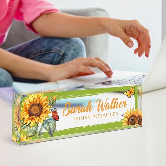 Name Plate for Desk, Desk Name Plate Personalized, Office Decor for Women Men, Acrylic Desktop Accessories, Office Appreciation Gifts for Boss Social Workers Nurse Teacher Employee (Sunflowers)