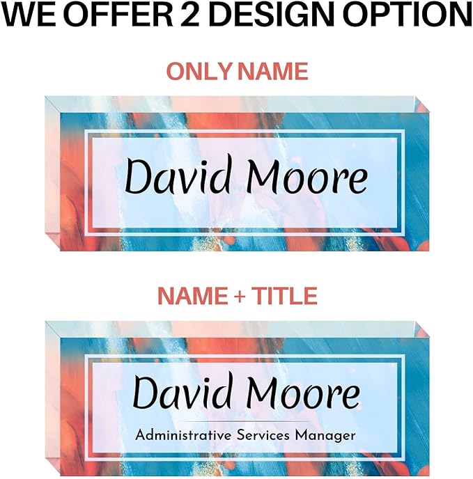 Customized Clear Acrylic Thick 8x3" Desk Name Plate Block with Personalized Logo - Professional Office Decor - Customized Acrylic Plate Gift for Teacher Co-workers, Christmas Gifts for Her, Thanksgiving Gifts (Orange-Blue Dream)