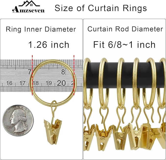 AMZSEVEN 90 Pack Curtain Rings with Clips, Drapery Clips with Rings, Drapes Rings 1.26 in Interior Diameter, Fits up to 1 in Curtain Rod, Gold Color