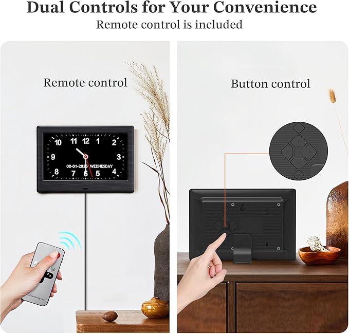7'' Digital Clocks, 12 Reminders & 6 Alarms, Dementia Clock with Date and Time for Elderly, Auto-Dimming, Button & Remote Control, Auto DST, Digital Calendar for Seniors Large Display, Black Woodgrain