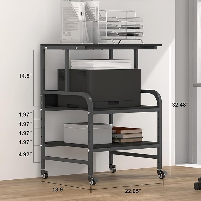 Black Printer Stand, Large Printer Table with Wheels, 32.48 X 22.05 X 18.9 Home Office Rolling Stand with Adjustable Shelf, Heavy Duty Printer Cart for Scanner, Fax, Black Ebony