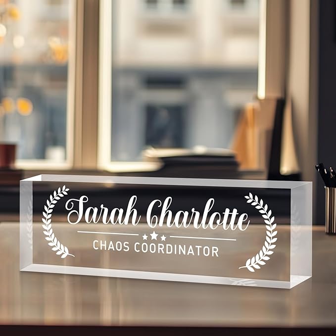 Custom Name Plate for Desk, Personalized Desk Name Plate on Clear Acrylic Glass, Appreciation Gifts for Teacher Employee Boss Coworkers Nurse, Office Desk Accessories for Women Men (Engraved Honor)