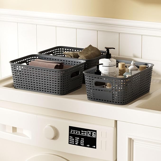 Plastic Storage Bins with Bamboo Lid - Pantry Storage Baskets with Lid - Stackable Container with Lable for Organizing: Small Storage Box for Shelves Office Cabinet Drawer Closet 9x7x4 In - Grey 6Pcs