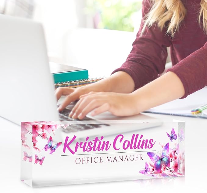 Custom Name Plate for Desk, Personalized Desk Name Plate on Clear Acrylic Glass, Appreciation Gifts for Teacher Employee Boss Coworkers Nurse, Office Desk Accessories for Women Men (Bubblegum)