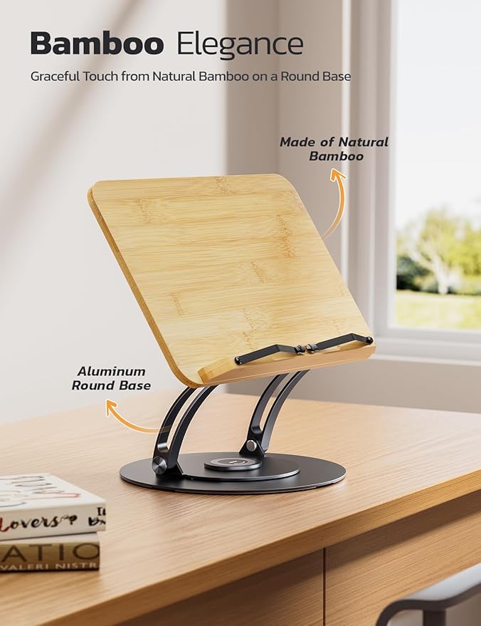 Nulaxy Bamboo 360 Rotating Book Stand for Reading, Adjustable Textbook Holder for Reading Hands-Free, Foldable Desktop Cookbook Stand with Protective Page Clips, Fits All Books - Gray