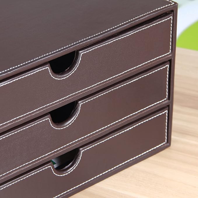 PU Leather Desk Organizer with 3 Drawers,Executive Office Supplies Desktop Filing A4 File Cabinet/Holder for Jewelry/Bill/Paper/Documents/Makeup Home Decor Stationery Storage Box,Brown