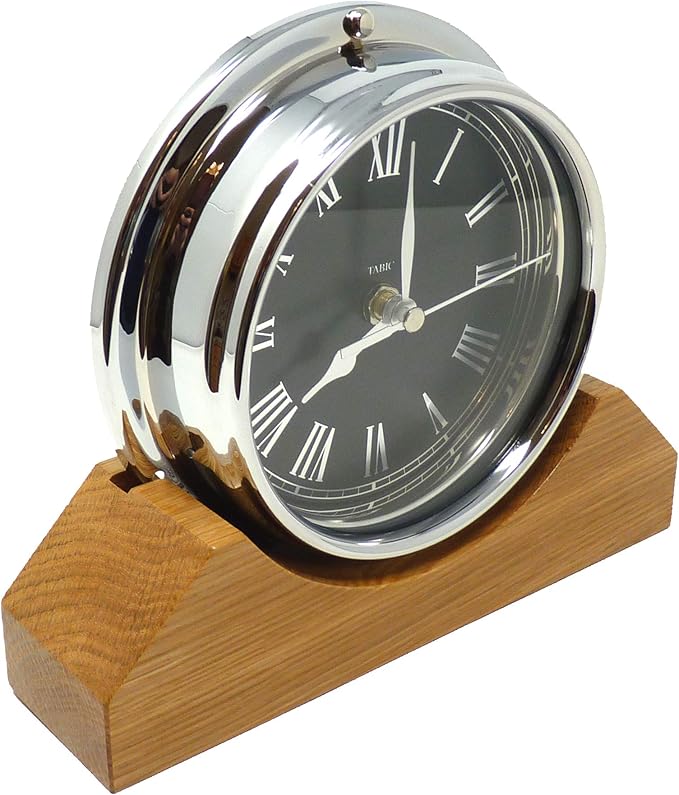 Handmade Prestige Roman Clock in Chrome Mounted on an English Oak Mantel/Display Mount, 21.5cm x 7.5cm