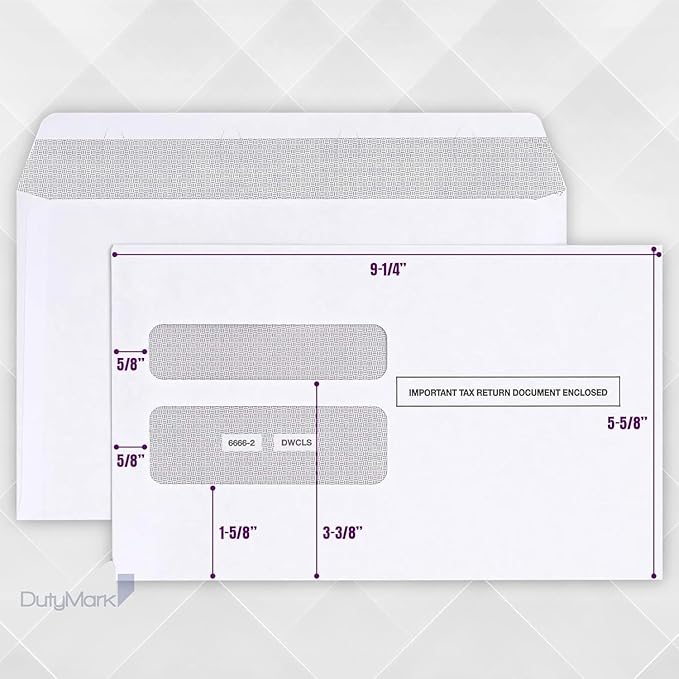 100 W2 Envelopes, Self Seal for W2 2-Up Forms, Double Window Security Envelope Designed for Printed W2 Laser Forms from QuickBooks Desktop and Other Tax Software, 5 5/8’’ x 9’’, 100 Pack