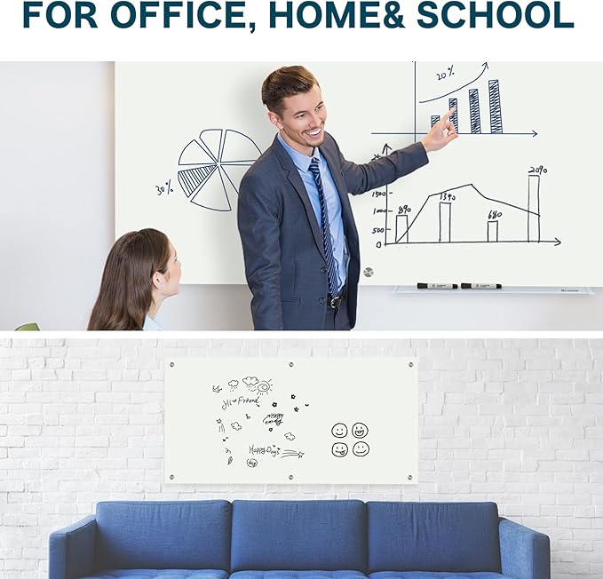 J&J worldwide Magnetic Glass Whiteboard 6' x 4', Large Frameless White Boards for Walls 72 x 48 Inches, Large Dry Erase Board for Office, Home, School