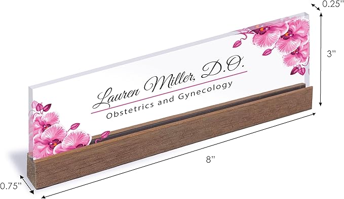 ARTBLOX | Office Personalized Name Plate Pink Orchid V2 Design On Clear Acrylic Glass for Desk with Business Card Holder