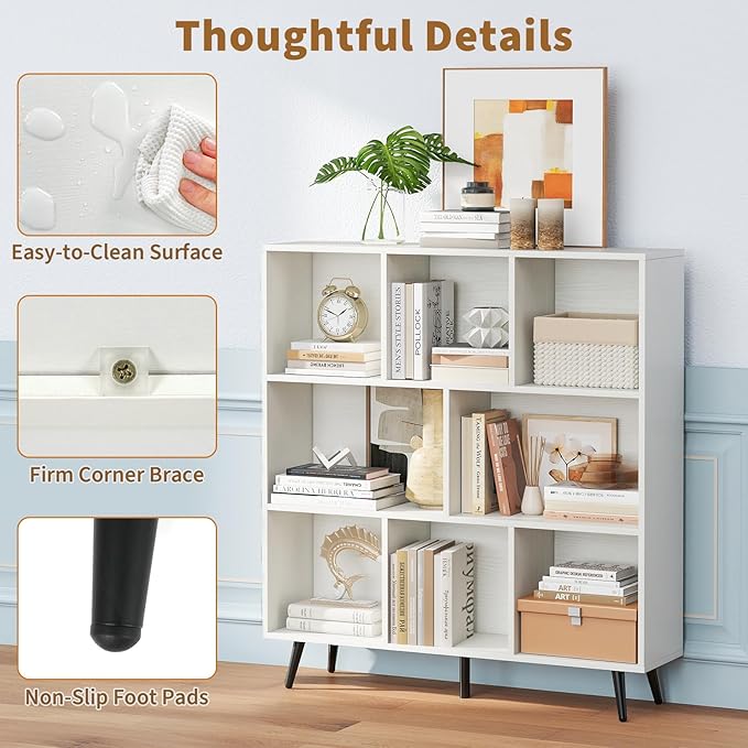Tangkula 8-Cube Bookcase, Modern Storage Bookshelf with 5 Tapered Metal Legs & 2 Anti-Tip Kit, Freestanding Display Rack for Living Room, Study Room (8-Cube,White)