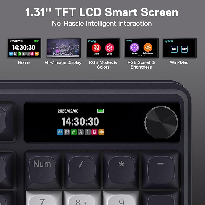 Redragon K762 Wireless Gasket Gaming Keyboard w/Hype Screen & Knob, 104 Keys Mechanical Keyboard, Easy-Control 1.14’’ TFT Info Display, 5-Layer Noise Dampening, Round PBT Keycaps, Mint Mambo Switch
