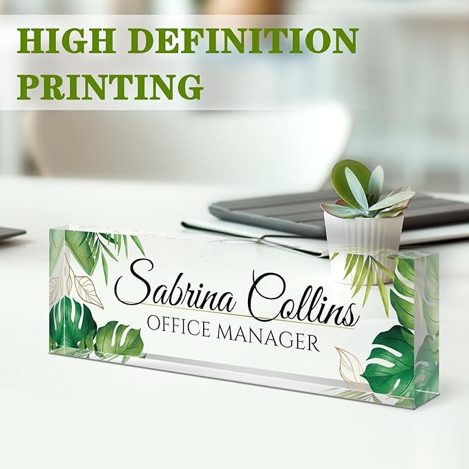 Custom Name Plate for Desk, Desk Name Plate Personalized, Office Decor for Women Men, Acrylic Desktop Accessories, Office Appreciation Gifts for Boss Social Workers Nurse Teacher Employee(Green Leaf)