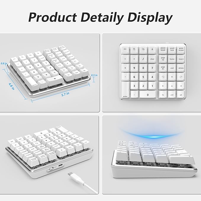 SurnQiee Left-Handed Mechanical Numeric Keypad, Hot-Swap LED Backlit Number Pad, Dual Mode USB C Keyboard, Expanded into a Left-Handed Keyboard (White)