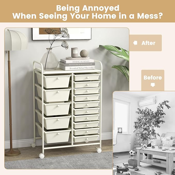 ARLIME 15-Drawer Storage Cart, 15 Drawer Trolley, Rolling Organizer Cart, Scrapbook Paper Organizer, Suitable for Office and School, Rolling Office Storage Tools (White)