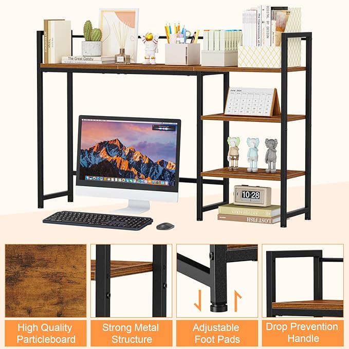 Snughome Desk Shelf, 44.9" Large Desktop Organizer Shelf, Desk Hutch for Computer Monitor, 4 Tier Desk Top Display Rack, Wood Desktop Bookshelf Storage Rack for Home Office Dorm