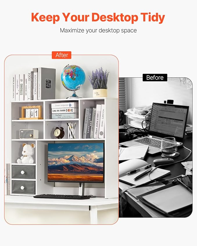 VEVOR 3-Tier Desktop Bookshelf, 37" x 10" x 31.1" Office Storage Rack, Modern Style, Melamine Finish, Heavy Duty, 3 Shelves, Large Capacity, Easy Assembly, Wall Mountable, White