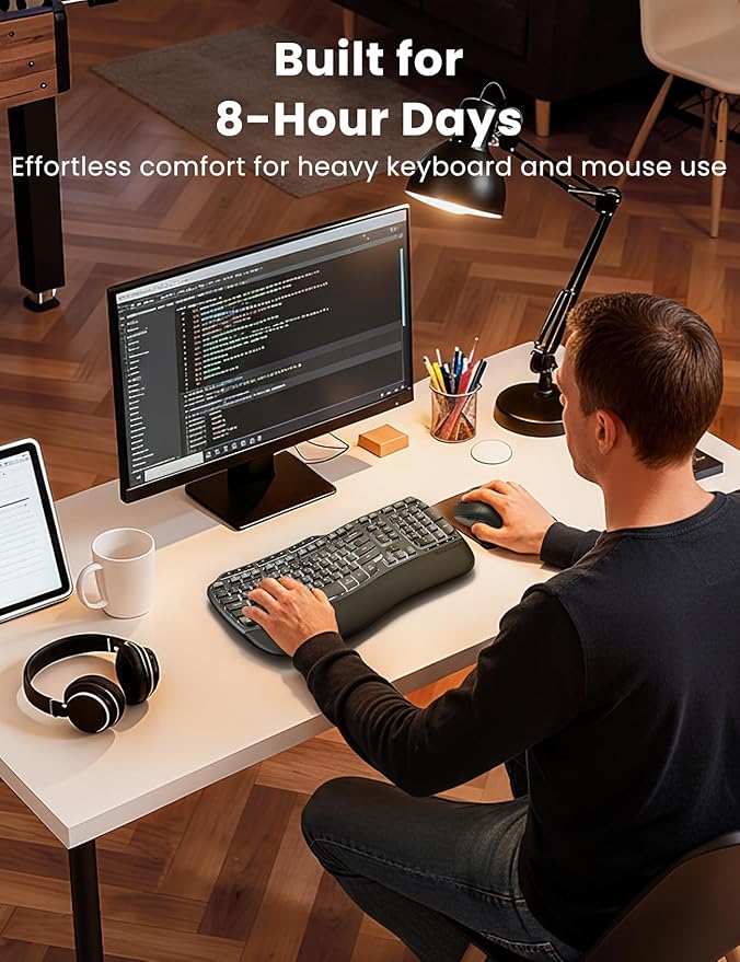 Ergonomic Wireless Keyboard and Mouse Combo, Rechargeable 4000mAh Backlit Keyboard with a Soft, Faux Lambskin Palm Rest, Wave Keys for Natural Typing, Compatible with Windows/Mac/Chromes OS—SABLUTE