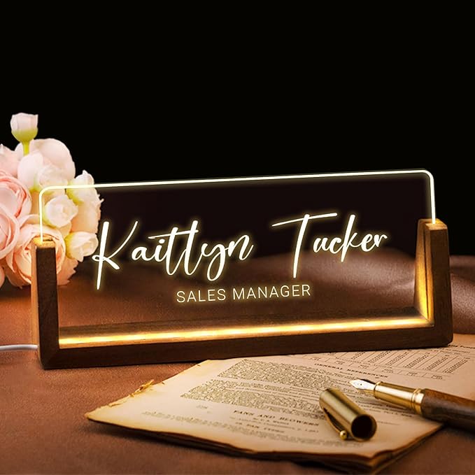 Desk Name Plate Personalized, Custom Office Light Up Name Plate for Desks, Desk Decorations for Women Men Office, Employee Appreciation Gifts for Coworkers (A-Text Only)