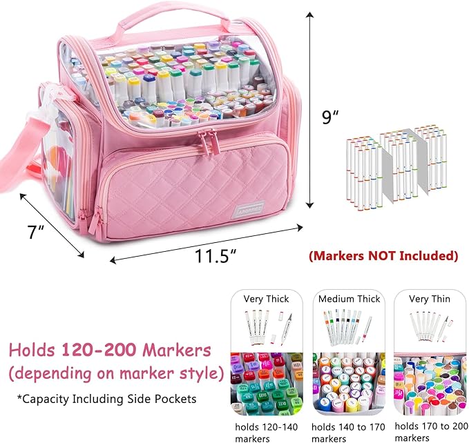 Large Marker Organizer Case Holds 150-200 Markers | Art Marker Storage Bag with Removable Dividers & Clear Top for Artists, Crafters & Travel - Pen, Pencil Alcohol Marker Holder - Art Supply