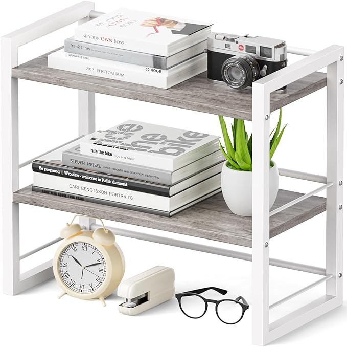 Office Desk Shelf Organizer, Wood Desktop Bookshelf Supplies Storage Rack, Shelf for Top of Desk and Dresser (Grey-2 Tier)