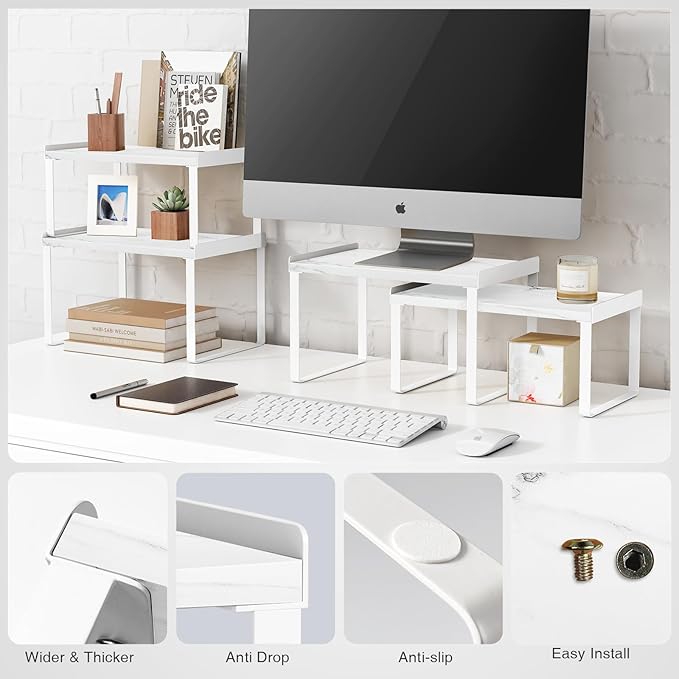 White Marble Kitchen Counter Shelf Organizer, Modern Dish Plate Organizer for Cabinet Space Saver, Small Wood Stackable 2 Tier Office Desktop Shelf Risers for Books Monitor - Set of 4