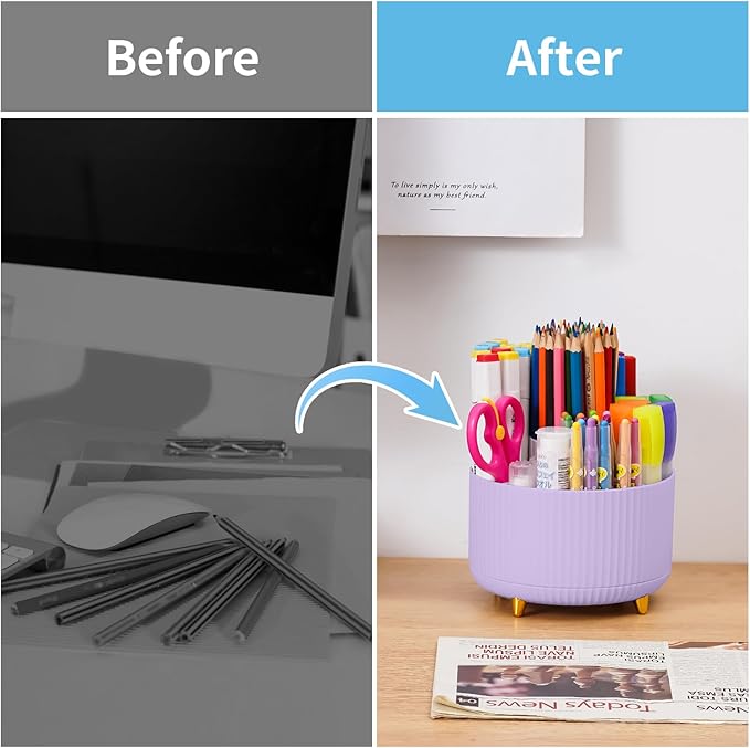 Marbrasse Desk Organizer, 360-Degree Rotating Pen Holder, Desk Organizers and Accessories with 5 Compartments Pencil Holder, Art Supply Storage Box Caddy for Office, Home（Purple）
