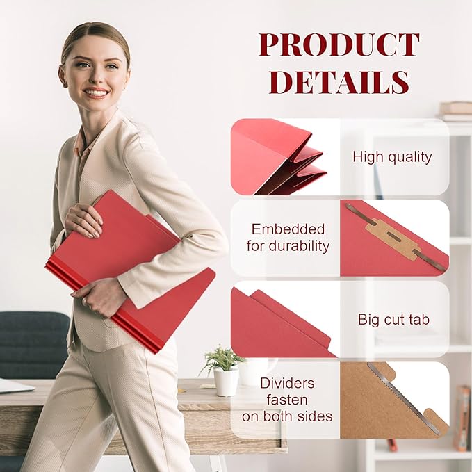 Skyygemm 60 Pcs Classification Folders Letter Size, 1 Divider Pressboard File Folder with Fasteners, Expanding Tax File Organizer Bulk for Teachers, Office, Church, Christmas Donations (Red)