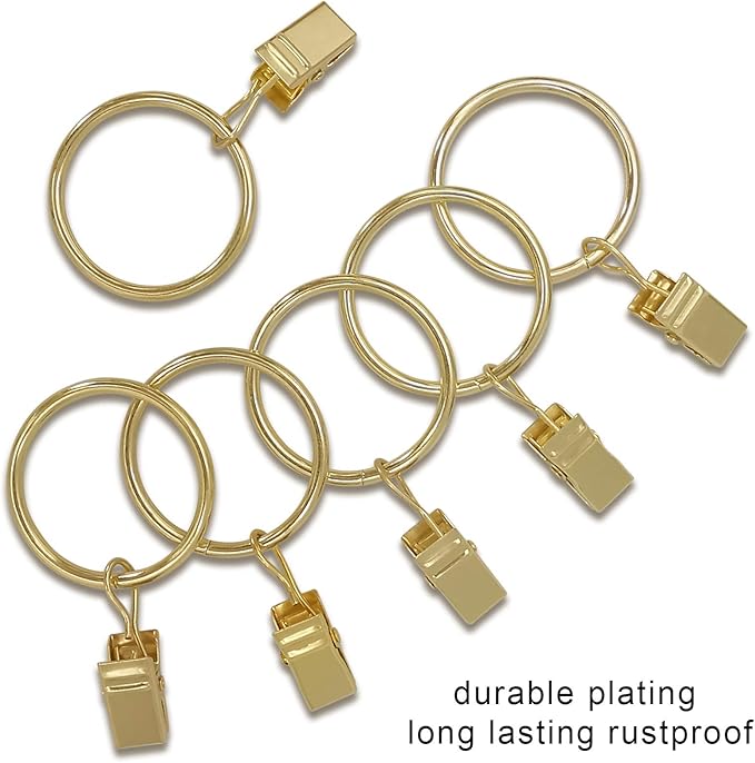AMZSEVEN 100 Pack Curtain Rings with Clips, Drapery Clips with Rings, Drapes Rings 1.26 in Interior Diameter, Fits up to 1 in Curtain Rod, Gold Color