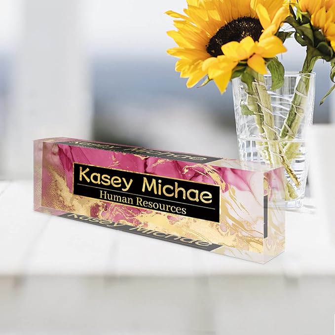 SalaGraphics Desk Name Plate Personalized, Custom for Desk, Office Decor Women Men, Acrylic Accessories, Gifts Coworkers Boss Teacher, Employee Appreciation (Red/Gold) 8”(L)x2.5(W)