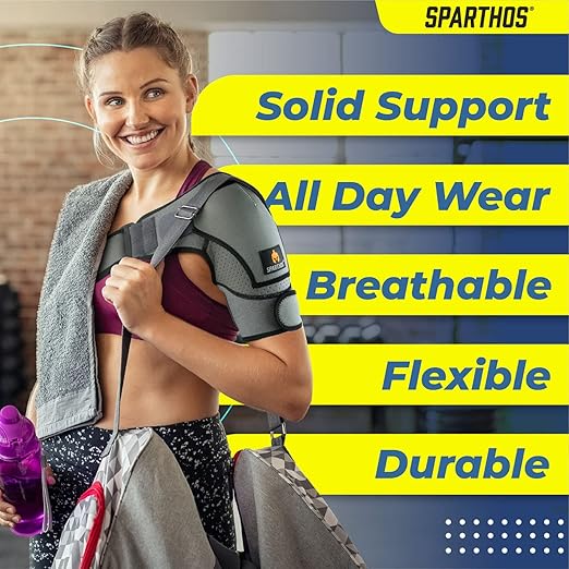 Sparthos Shoulder Brace - Adjustable Support Sleeve for Torn Rotator Cuff, AC Joint Relief, Shoulder Stability & Compression - Fits Bicep 10-14 in, Left or Right, Men & Women - Measure Before Purchase
