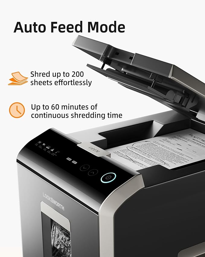 Heavy Duty Micro-Cut Paper Shredder: 200-Sheet Auto Feed/10-Sheet Manual Feed, P-5 High Security, 8.5 Gallon Bin with Casters for Home Office